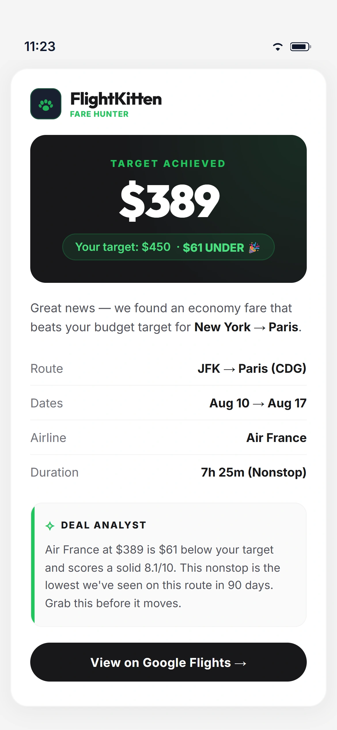FlightKitten price target hit notification